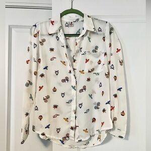 Bike print button down vintage blouse bicycle top